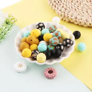 Silicone Beads Kit, 17pcs/set Sunflower Design Beads & 15mm Solid Color Beads & Printed Beads, DIY Jewelry Making Supplies