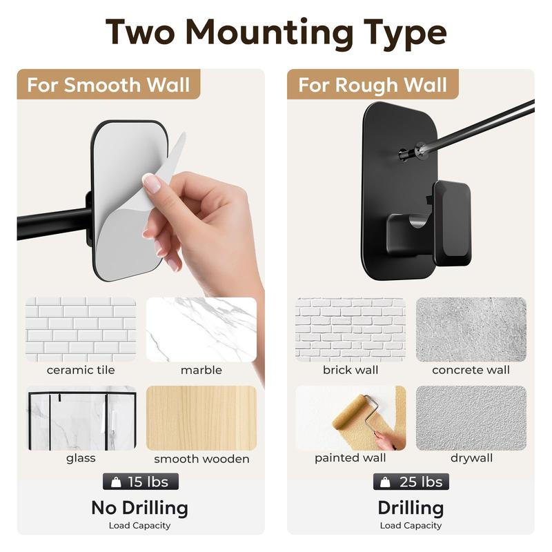 Inovaday No-Drill Curtain Rods for Windows - Adjustable 5/8" Tension Rod, Renter-Friendly Adhesive Brackets, Easy Install Black Drapery Pole