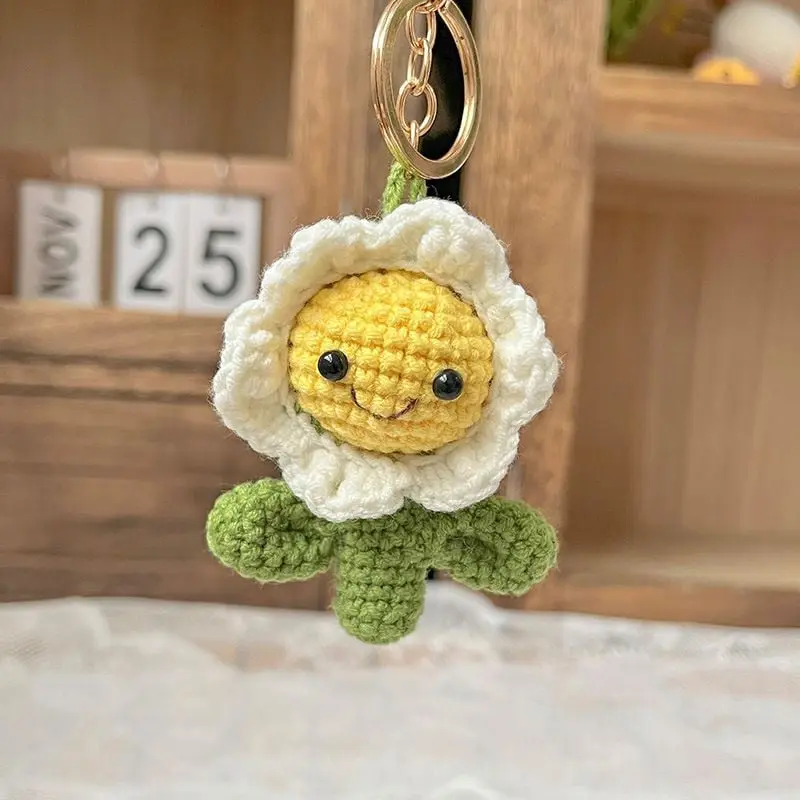 Handmade Crochet Daisy Flower Keychain Cute Smiley Face Bag Charm