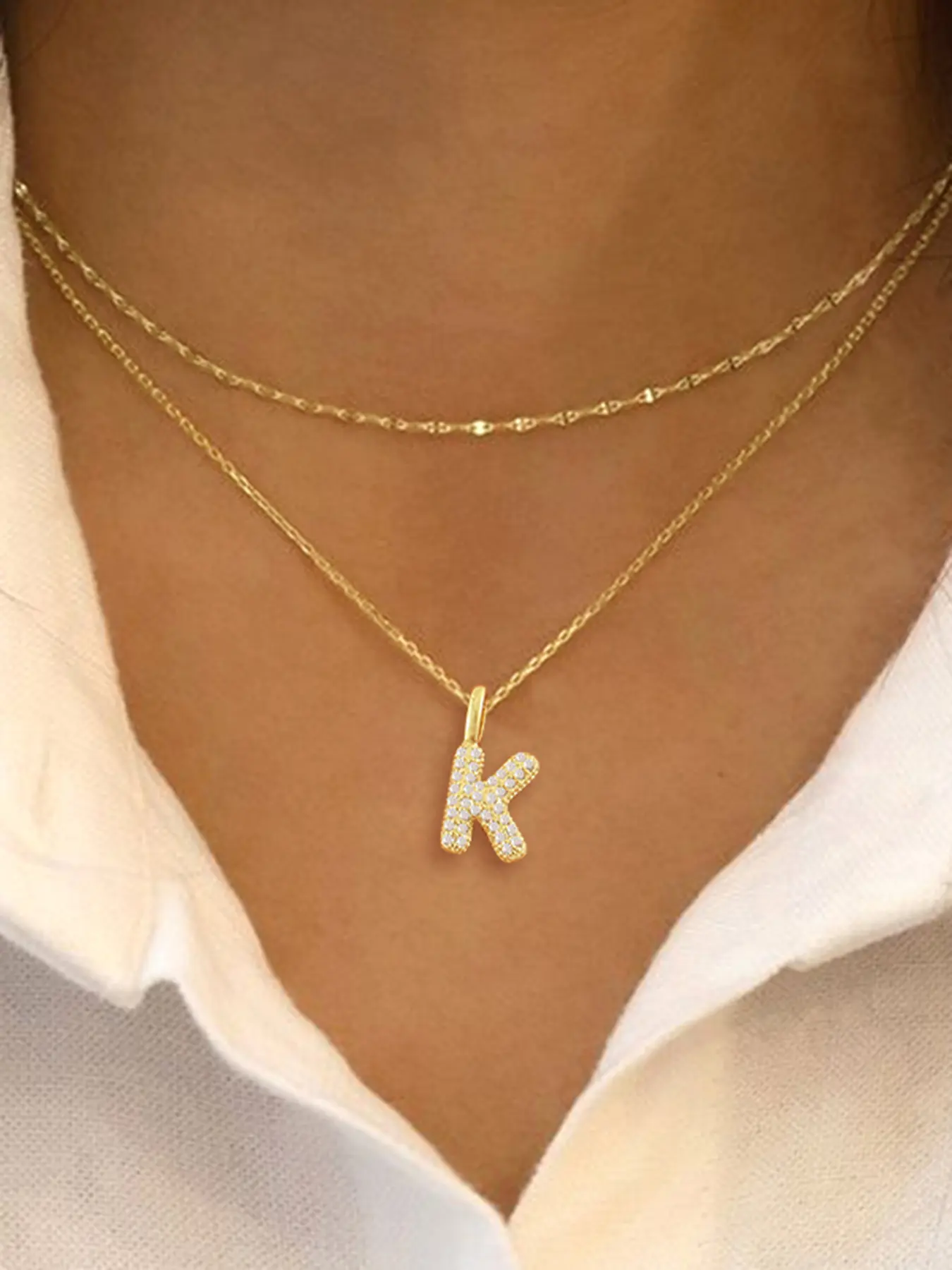 2Pcs/Set Pave Zirconia Bubble Initial Pendant Women Necklace Classic Fashion Stainless Steel Layered Chain Letter Necklaces For Women Layering Necklace