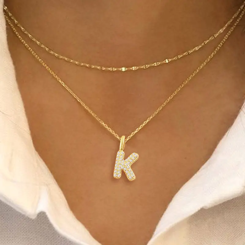 2Pcs/Set Pave Zirconia Bubble Initial Pendant Women Necklace Classic Fashion Matching Necklace Stainless Steel Layered Chain Letter Necklaces For Women