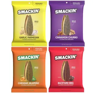 SMACKIN' Jumbo Roasted Sunflower Seeds 4 Pack Garlic Parmesan Backyard BBQ Cheddar Jalapeño Cinnamon Churro Flavors 1lb Low Sodium Handcrafted American Made