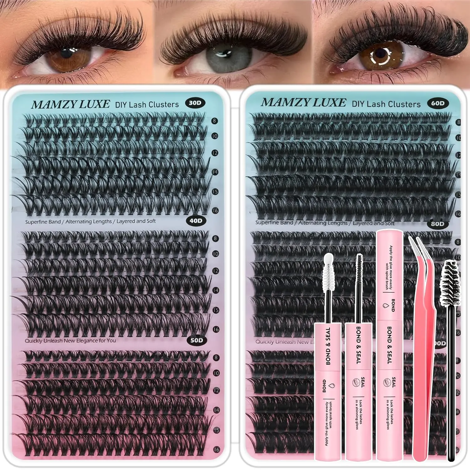 Natural Curl Wispy Lash Clusters Lash Clusters Kit 708Pcs Individual Cluster Lash Extensions Kit 30D+40D+50D+60D+80D+100D Wispy Eyelash Clusters with Lash Bond and Seal and Tweezers 10-16mm 6 Styles Mix Lashes Clusters Kit Makeup Cosmetic
