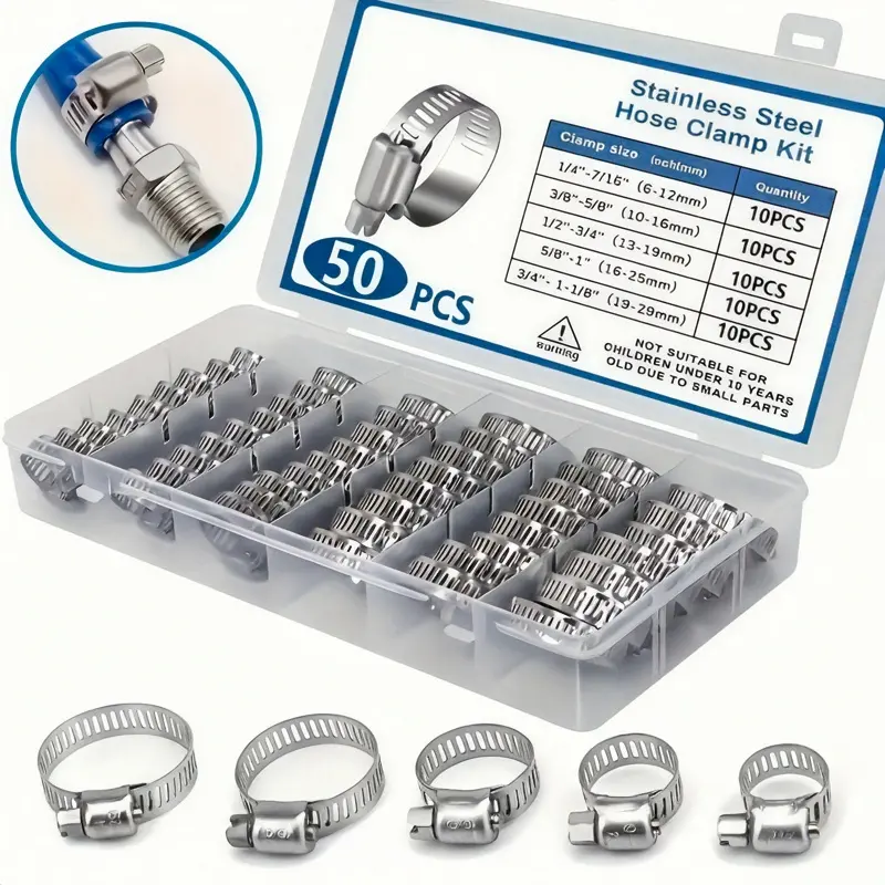 50/120 hose clamp sets, size range from 6mm to 38mm, featuring an easy to tighten worm gear design, suitable for Secure Hose Connections, Water Hose, pipeline and automotive applications