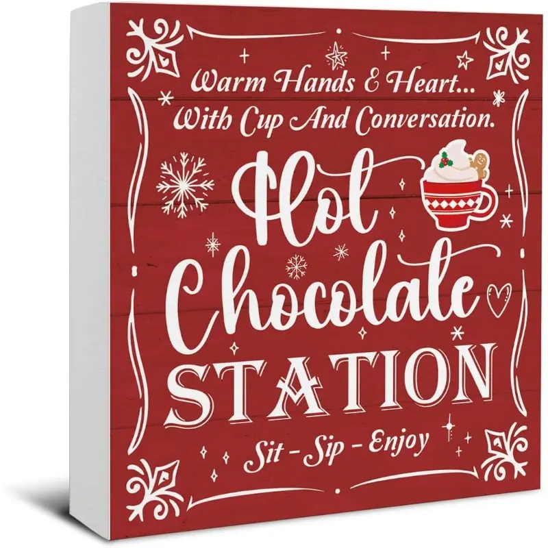 Hot Cocoa Bar Sign - Christmas Kitchen Decor - Rustic Hot Chocolate Station Wooden Sign Home Office Kitchen Coffee Bar Decor - 5×5 Inches