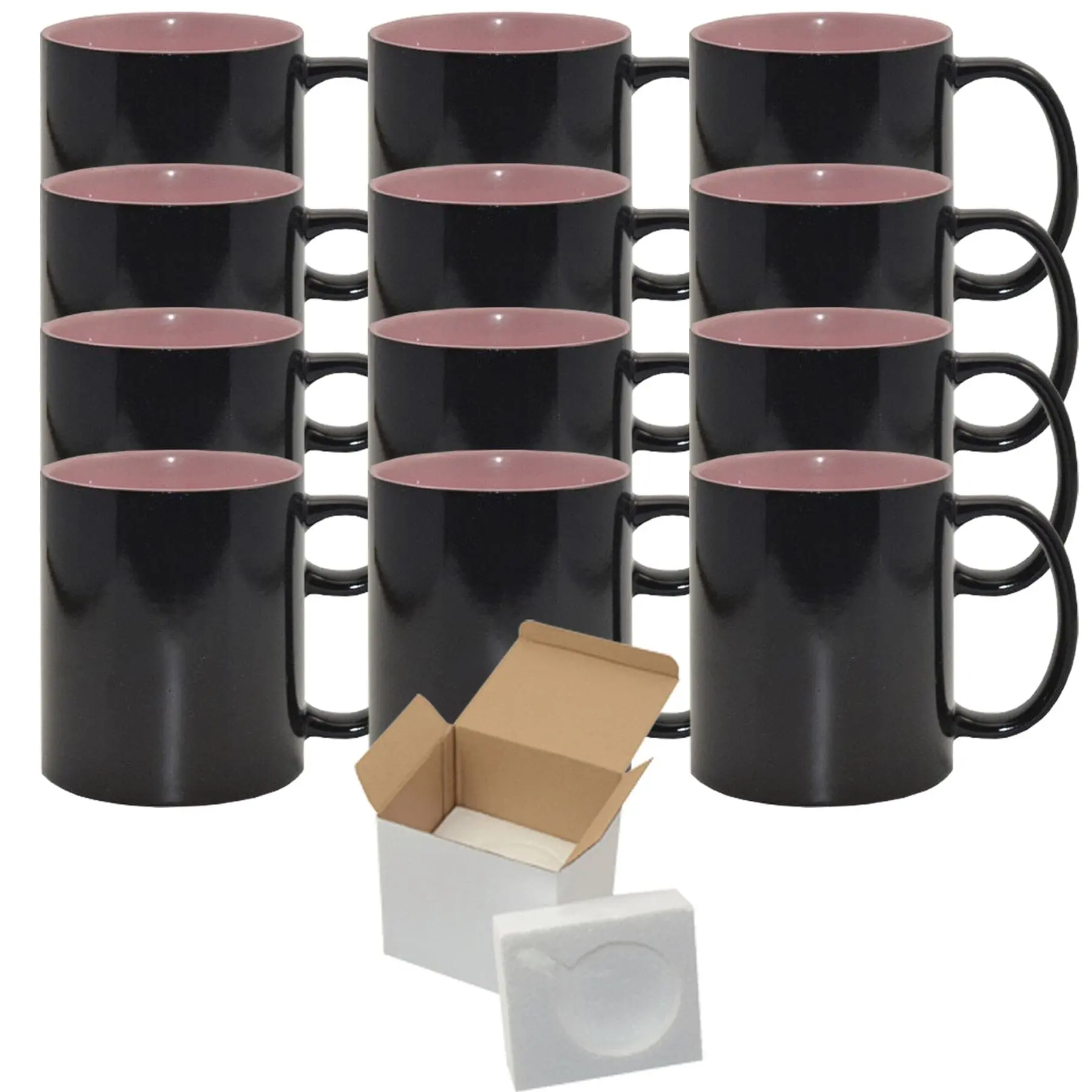 12 Pack of 15oz Color Changing Sublimation Mugs with Pink Inner - Includes Foam Support Mug Shipping Boxes