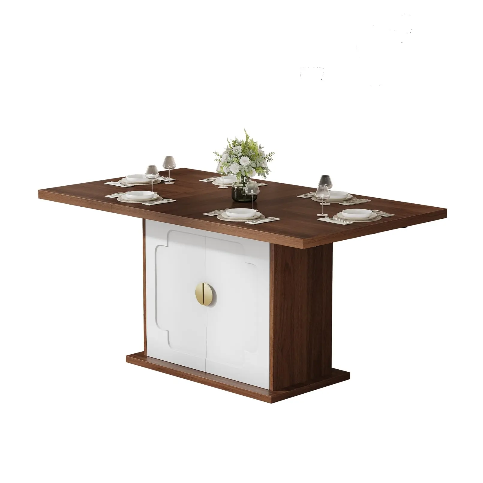 63 Inch Rectangular Dining Table with Hidden Storage, Space-Saving Modern Pedestal Table for 4–6 People, Sturdy Kitchen & Dining Room Table
