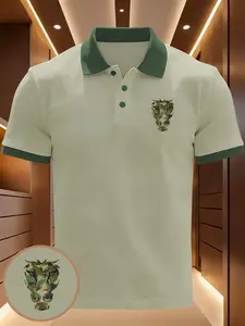 Creative Camouflage Lion Head Geometric Print Polo Shirt, British Style Colorblock Collar Short Sleeve, Men's Business Casual Top