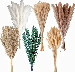 110 PCS of Boho Pampas Grass Decor, Naturally Dried Pompas, Bunny Tails Dried Flowers, and dried eucalyptus. Perfect for Weddings, Boho Party Decorations, and Table Decor.