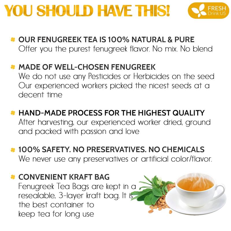 FreshDrinkUS, Premium 55 Fenugreek Tea Bags, 100% Natural & Pure from Fenugreek. Fenugreek Herbal Tea. Made with Natural Material Tea Bags. No Sugar, No Caffeine, No Gluten, Vegan.