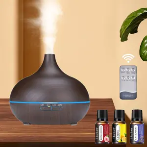 1 wooden color humidifier home essential oil diffuser with remote control, timer, 3 bottles of essential oil, LED light, large capacity, decorative, cool mist humidifier for living room and bedroom Aromatherapy Diffusers - ideal gift