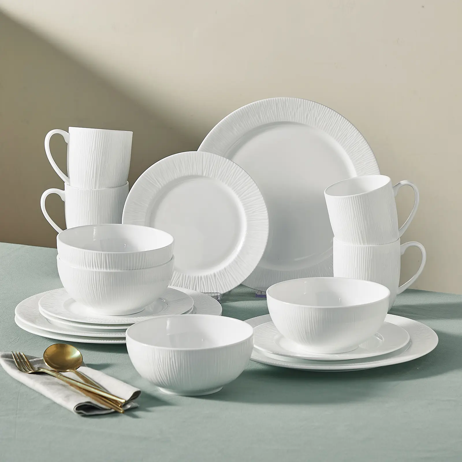 【Summer Deal】Silvanest Luxury 16pc Bone China Dinnerware Set | Elegant Radial Stripe Design | Super Lightweight & Durable | Service for 4 | Oven & Dishwasher Safe