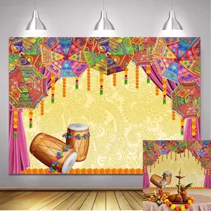 7x5FT Indian Pooja Traditional Wedding Backdrop Orange Flower Marigold Hindu Traditional Festival Background Curtain Umbrella Bridal Shower Party Ceremony Photo Studio Props