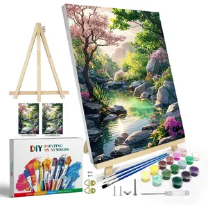 Paint by Numbers Kit for Adults with Frame, Landscape Paint by Number Canvas, Mountain Paint by Numbers with Easel, DIY Flowers Scenery Oil Painting Kit for Home Wall Decor 8 x 12 Inch