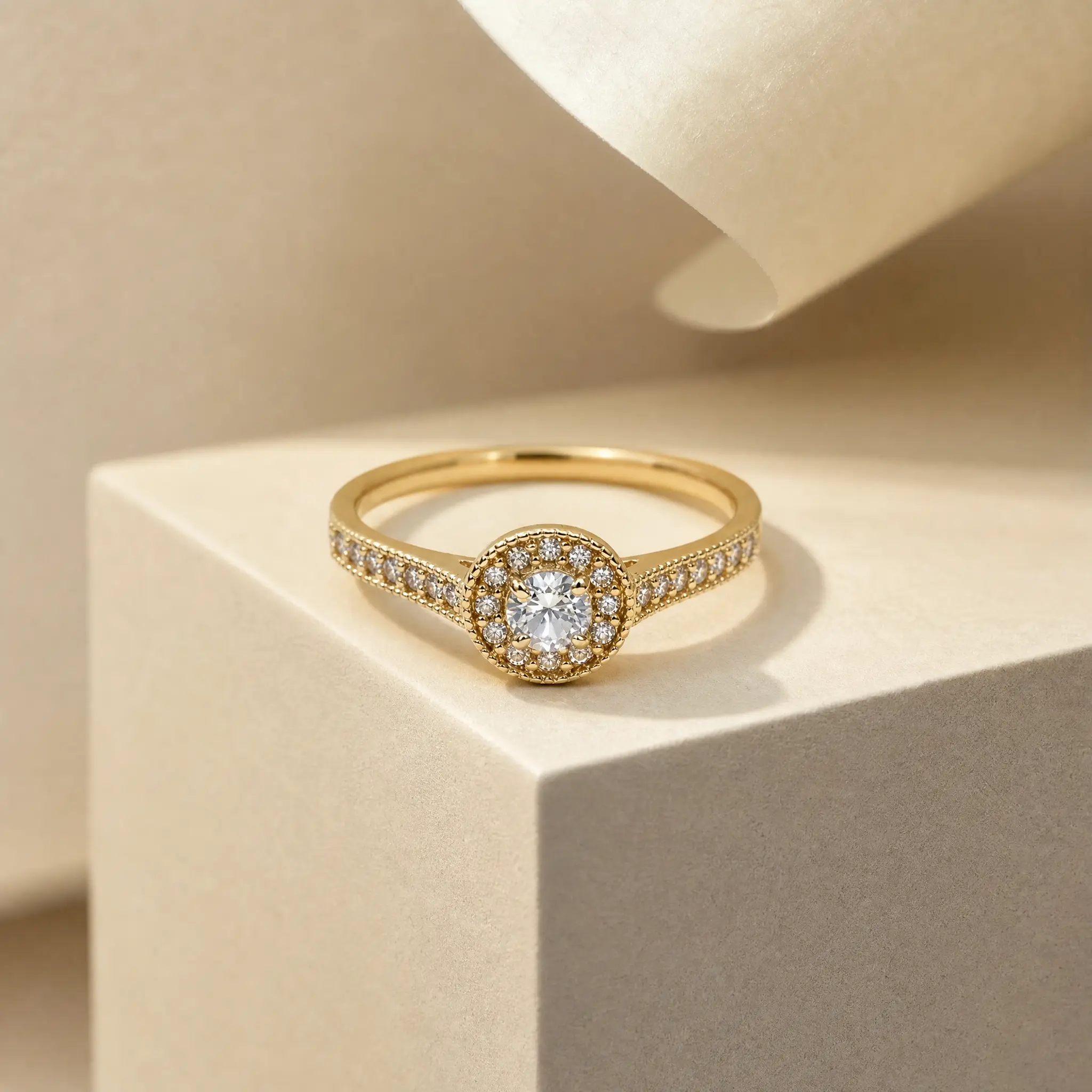 Classic Halo Solitaire Engagement Ring with Cubic Zirconia in 18K Gold