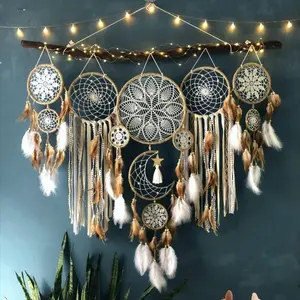 Set of 5 Large Boho Moon Dream Catcher Wall Hanging Decor for Vintage Wedding Home Decorations (Camel)