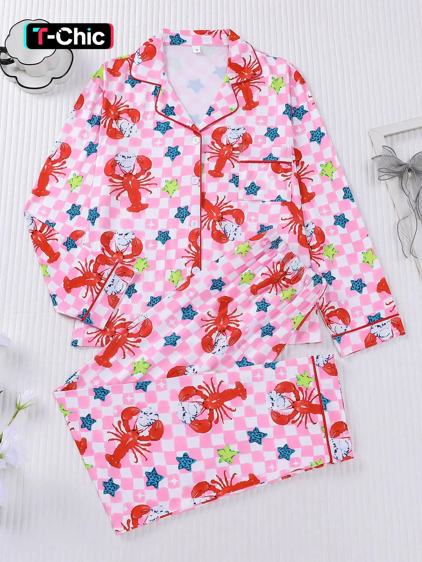 2-Piece Set: Full of Pink Tartan Star Lobster Cartoon Print Long Sleeve Pants, Soft Comfortable Skin-Friendly Smooth Knit Top with Small Pockets, Elastic Waistband, Suitable for Year-Round Home, Casual, and Everyday Wear, Sleepwear Set, Loungewear, Pajama