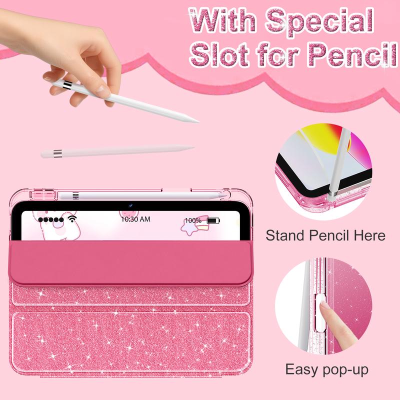INFILAND Compatible with iPad Case, Glitter Cover with Sparkly Clear Back, Pencil Holder, for Kids Girls Computer Tablet Casing Protection Protective