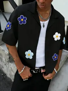 Men's Street Style Colorful Floral Patch Short Sleeve Shirt, Casual Summer Top, Comfortable and Stylish Design