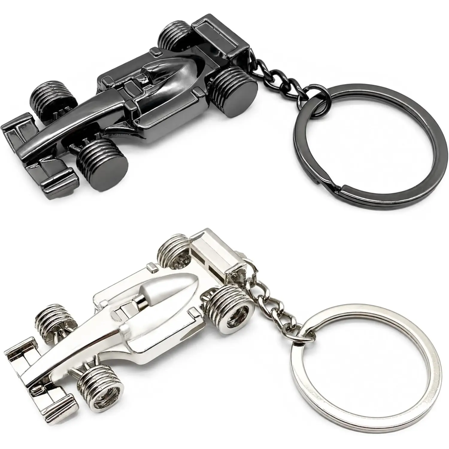 Open Wheel Race Car Keychain 2-Pack, Solid Metal Racing Car Keyring in Black & Silver, Small Motorsport Gift for Men, Boys, Dad, Husband, Boyfriend, Car Lovers
