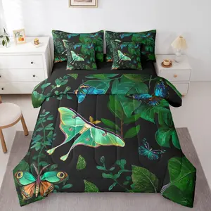 Colorful Butterfly Comforter Set,Moth Bed in A Bag 7 Pieces Palm Leaves Banana Bed Set,Hawaiian Tropical Leaves Bedding