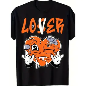 Men's Vintage Street Style T-Shirt – "Lover" Orange Heart Pattern, Black T-Shirt, Soft and Breathable, Hip-Hop Style Summer Top, Casual Aesthetic Look