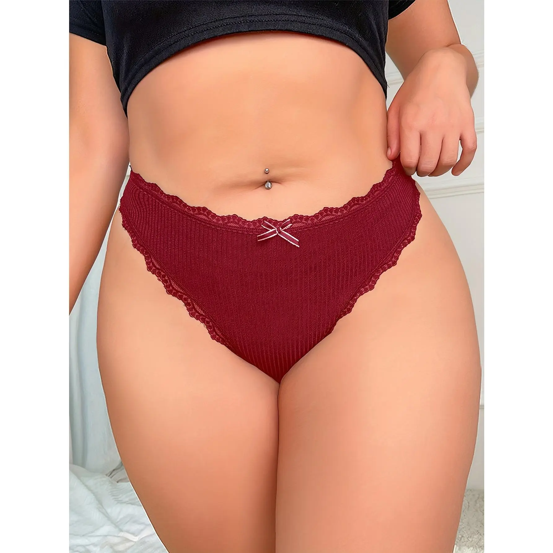 QUASTI 4pcs Plus Size Mid-Rise Women's Sexy Lace Briefs - Polyamide Blend Breathable Knit Seamless Soft Panties, Mixed Color with Decorative Bow, for Everyday Wear