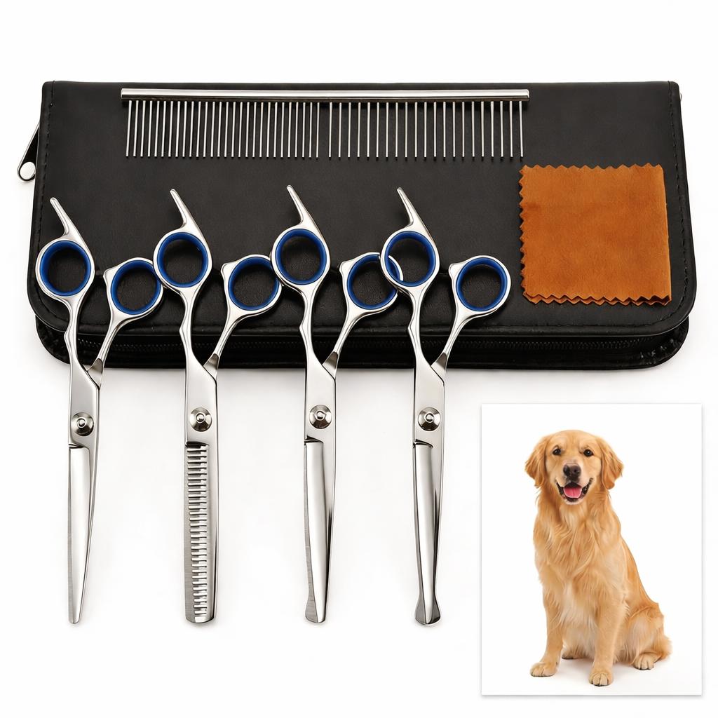 Professional 5-in-1 dog grooming scissors set, with safety round tips, made of stainless steel, sharp and durable. Also suitable for cat grooming.