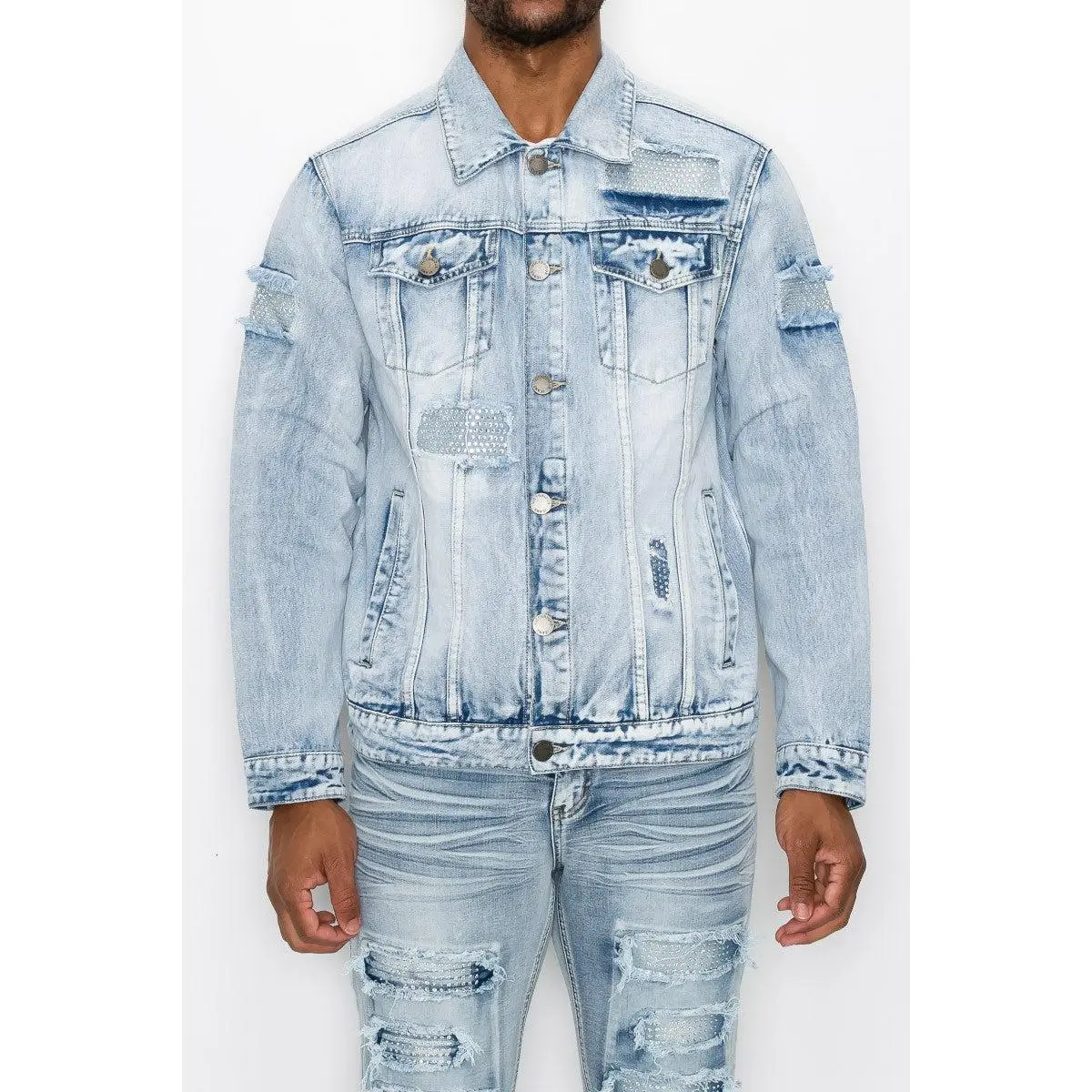 VICTORIOUS Men's Distressed Cotton Denim Jean Jacket with Rhinestones - Long Sleeve Button Front Menswear Top for Casual Wear, Tops, All Seasons