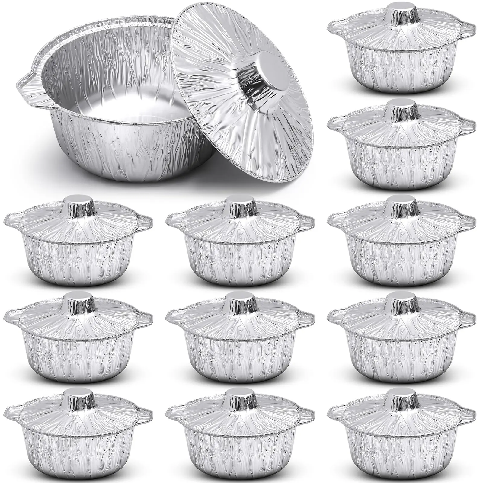 12 Pcs Disposable Aluminum Pot with Lid Round Foil Pans Disposable Cookware Food Container for Vacation Trips Camping Baking Heating Cooking (74.4 oz)