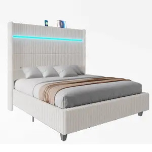[MothersDayGift]AMERLIFE Bed Frame with LED Lights Charging Station, Corduroy Upholstered Platform Bed Frame with 60" Tall Wingback Headboard/No Box Spring Needed,Best Gift Ideas/Christmas Gifts