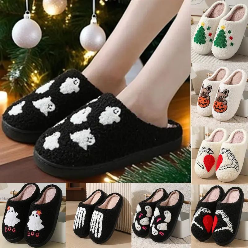 Halloween Cartoon Fuzzy Slippers Unisex Warm Plush Indoor Non Slip Winter House Shoes