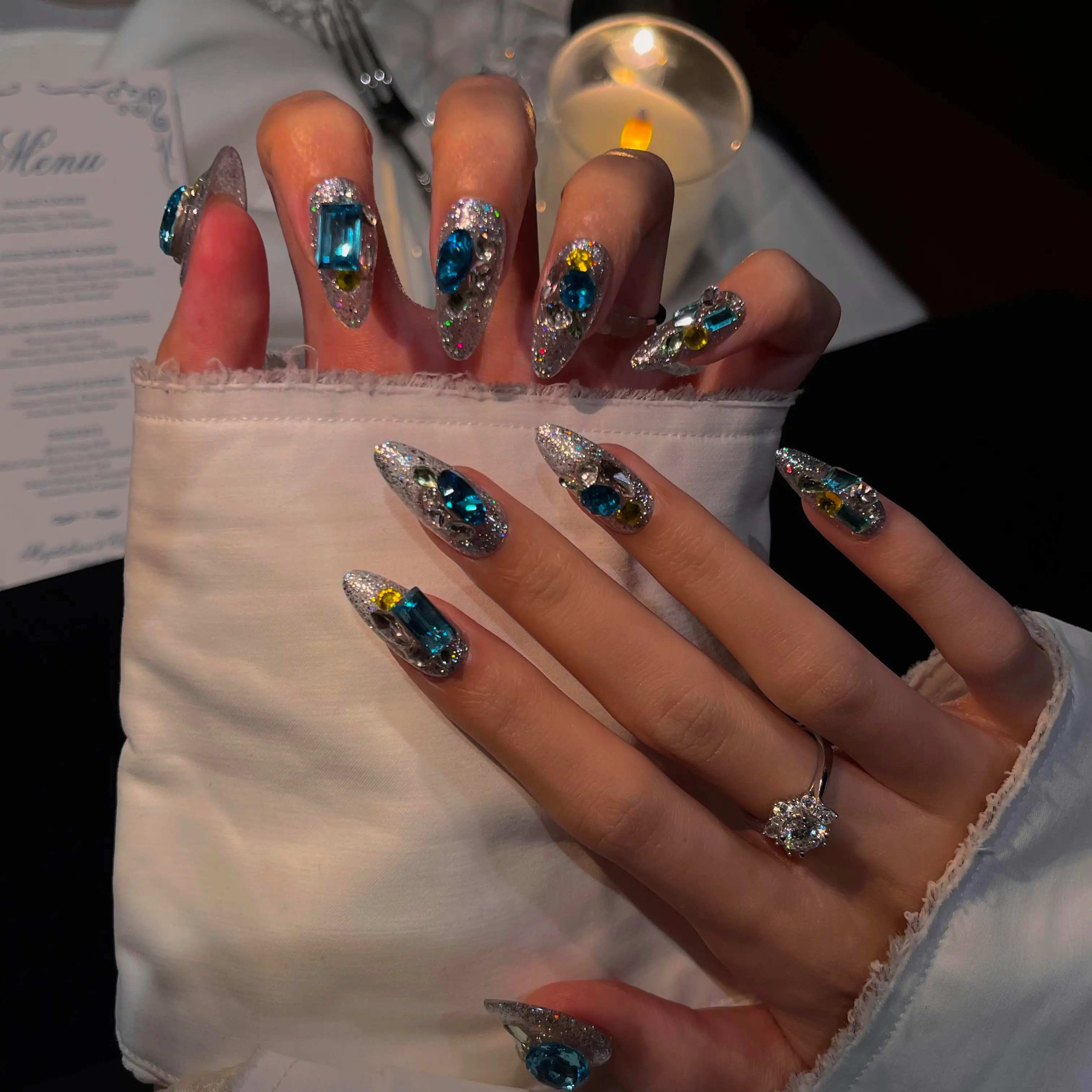(AM0043#) Handmade Press-On Nails | Reusable, Salon-Quality, Long-Lasting, Glossy Design, Blue Crystal Rhinestone Glitter Nails