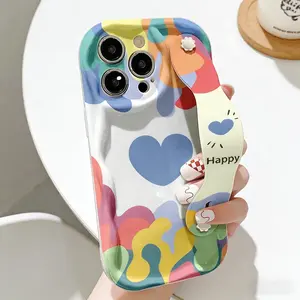 【Portable】Graffiti Wave Wrist Strap Phone Case for iPhone 17 16 15 14 13 12 11 Pro Pro Max Plus Air, Retro Trendy Cute Aesthetic, Shockproof Protective Cover, Anti-Lost Secure Grip, Perfect Gift for Women Girls Her