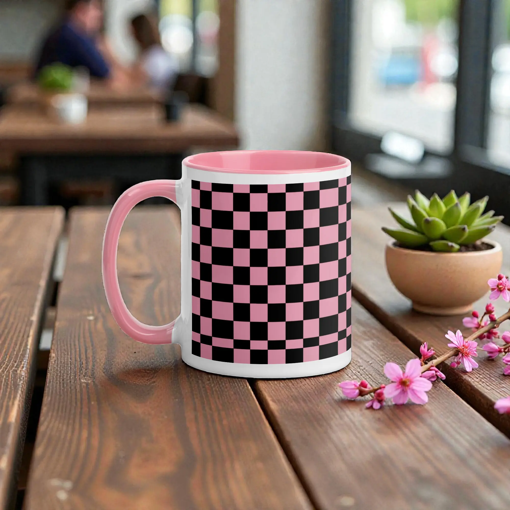 Pink Black Checkered Ceramic Mug with Pink Rim 11 oz Lead & BPA-Free Dishwasher & Microwave Safe Coffee Tea Cup quirky gift collectors