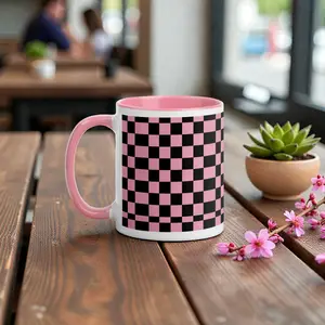 Pink Black Checkered Ceramic Mug with Pink Rim 11 oz Lead & BPA-Free Dishwasher & Microwave Safe Coffee Tea Cup quirky gift collectors