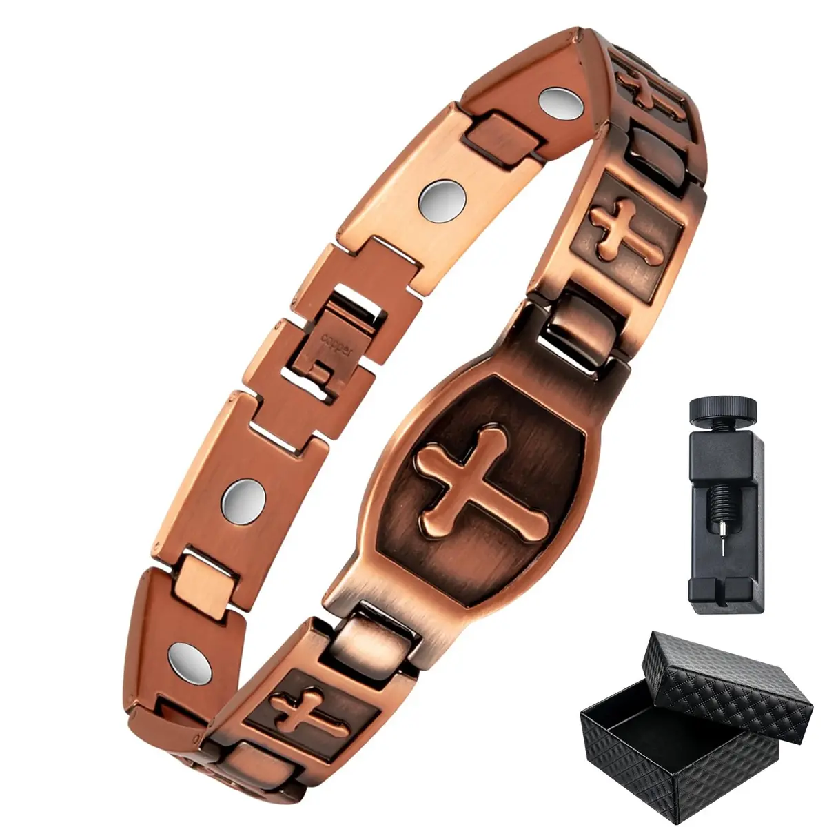 99.9% Pure Copper Magnetic Bracelet for Men & Women, Cross Link Design with 36 Ultra Strength 3500 Gauss Magnets for Joint Support, Adjustable, Link Bracelet, Adjustable Bracelets