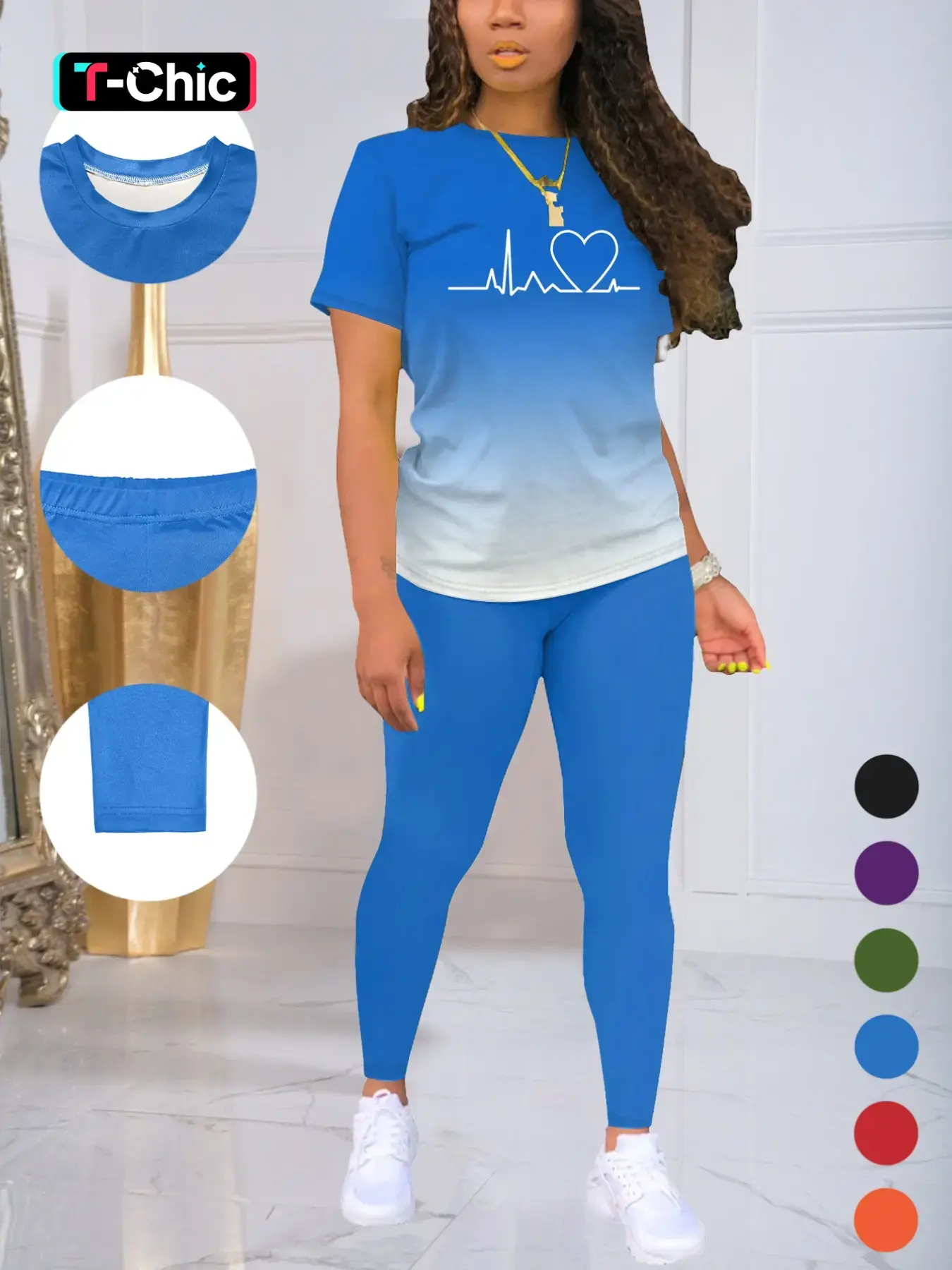 Women's Ombre Gradient Letter Print Tee & Skinny Pants Casual Fashion Set, Casual Everyday Fitted Short Sleeve Round Neck T-Shirt & Trousers For Daily Wear, Ladies Two Piece Outfits For All Seasons Womenswear