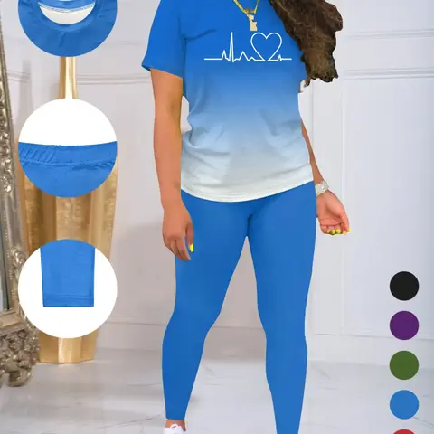 Women's Ombre Gradient Letter Print Tee & Skinny Pants Casual Fashion Set, Casual Everyday Fitted Short Sleeve Round Neck T-Shirt & Trousers For Daily Wear, Ladies Two Piece Outfits For All Seasons Womenswear