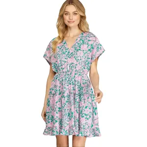 She + Sky Full Size Ruffled Hem Printed Surplice Kimono Sleeve Mini Dress Plus Size Casual Spring