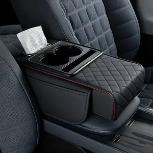 Car Armrest Cushion 5-in-1 Center Console Organizer with Storage Bags, Cup Holder, Phone & Tissue Slot for Sedans, Car Interior Accessories (Black red)