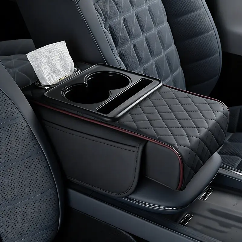 Car Armrest Cushion 5-in-1 Center Console Organizer with Storage Bags, Cup Holder, Phone & Tissue Slot for Sedans, Car Interior Accessories (Black red)