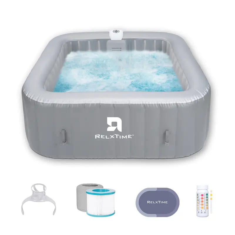 RELXTIME Adult Square Shape TPU-Laminated PVC Inflatable Hot Tub for 4-6 People, Portable Outdoor Spa with 130 Bubble Massage Jets, Energy-Saving Insulation Cover (Reheat Saved by Cover), Instruction Manual, Power Cable, Father's Day Gift