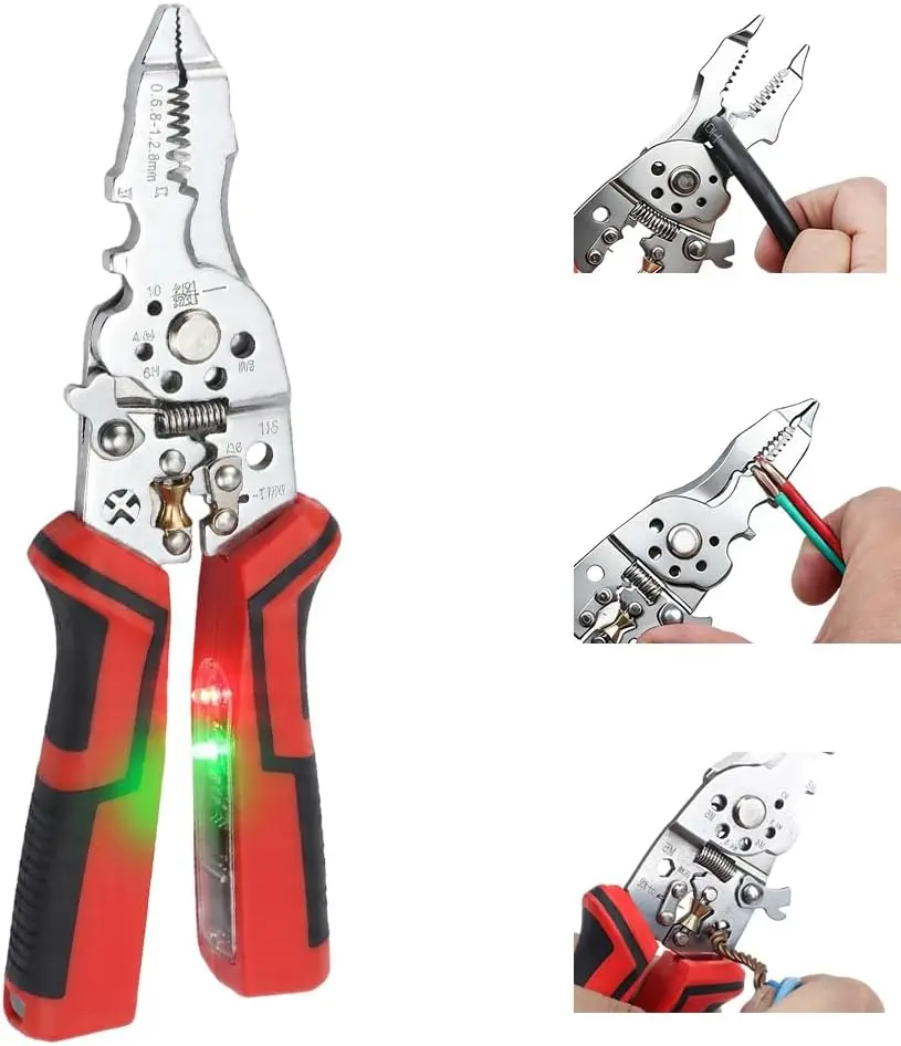 16 in 1 Folding Wire Stripper Pliers for Cutting and Pulling Wires, Multifunctional Cable Scissors, Voltage Tester Pliers, Detectable 12-250V for Professional and Home Use