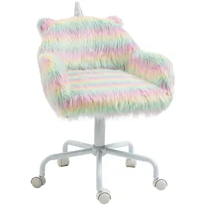 Fluffy Unicorn Office Chair with Mid-Back and Armrest Support, 5 Star Swivel Wheel White Base, Rainbow