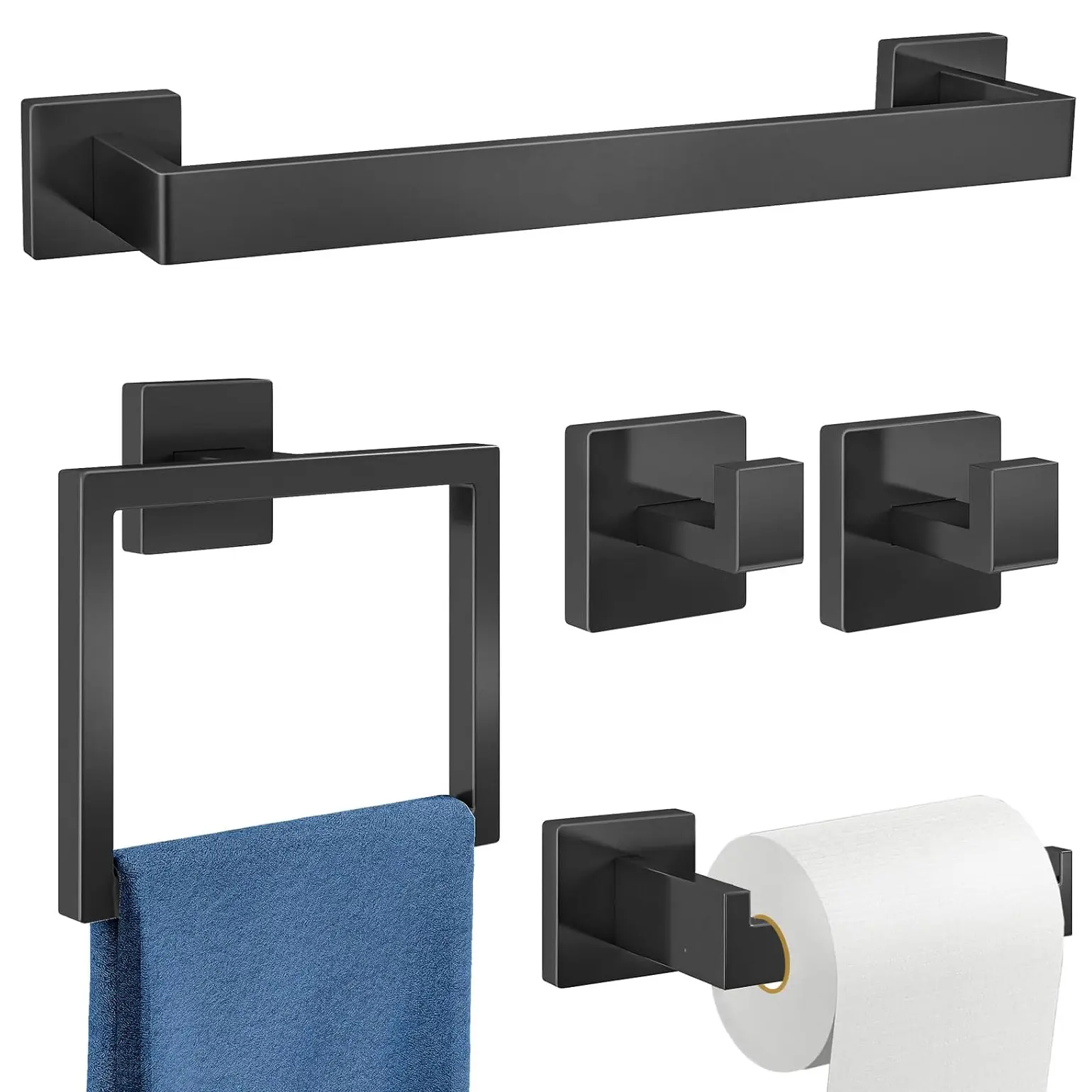 Bathroom Hardware Accessories Set, 5-Piece 16In Black Wall Mounted | Towel Racks for Bathroom Stainless Steel Towel Bar Rack Set