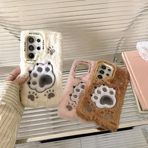 Autumn Winter Plush Embroidered Cute Cat Paw Lens Holder Phone Case, Full Protection for Samsung S26/s26plus/s26ultra/s25/s25plus/s25ultra