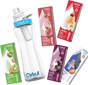 Cirkul 22 oz Plastic Water Bottle Starter Kit with Blue Lid and 5 Flavor Cartridges (Fruit Punch & Mixed Berry & Strawberry Kiwi & Strawberry Watermelon & 1 Random)