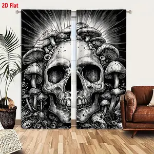 2D Flat  Gothic Mushroom Skull Black White Line Art 2 Piece Curtain Set, Intricate Detailed Psychedelic Nature Organic Debris & Roots Window Drapes for Bedroom Living Room, Spotlight Effect Background Room Decor