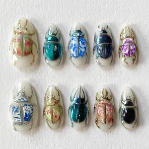 3D Scarab Beetle Press On Nails, Handmade False Nails with Vintage Floral, Unique Gothic Cosplay Nail Set